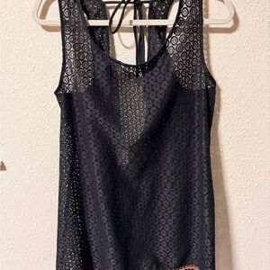 WOMENS SIZE LARGE XHILARATION CROCHET FRINGE TANK SWIMSUIT COVER UP DRESS BLACK